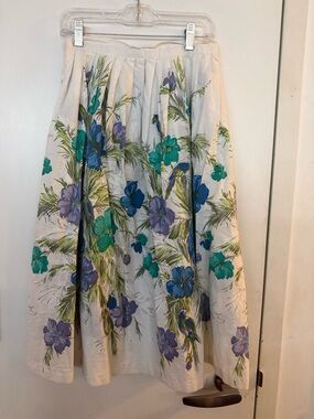 Vintage Floral A-Line Skirt - Teal & Blue on Cream